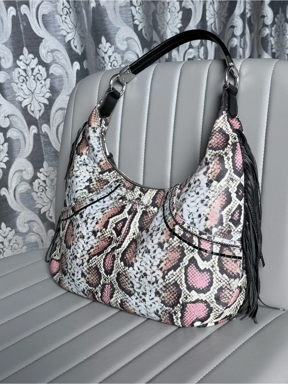 Aimee Kestenberg NWOT Fringe Hobo Snake-Print Western Chic Leather